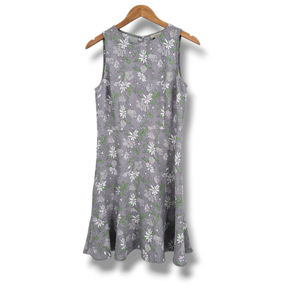 LOFT Outlet Womens Floral Sleeveless Ruffle Hem Dress Grey White Green‎ Size 4